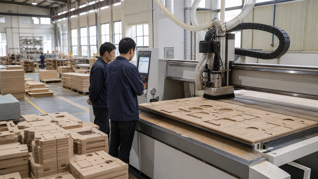 Industrial CNC production equipment inside Qingtan Muyu wooden products factory