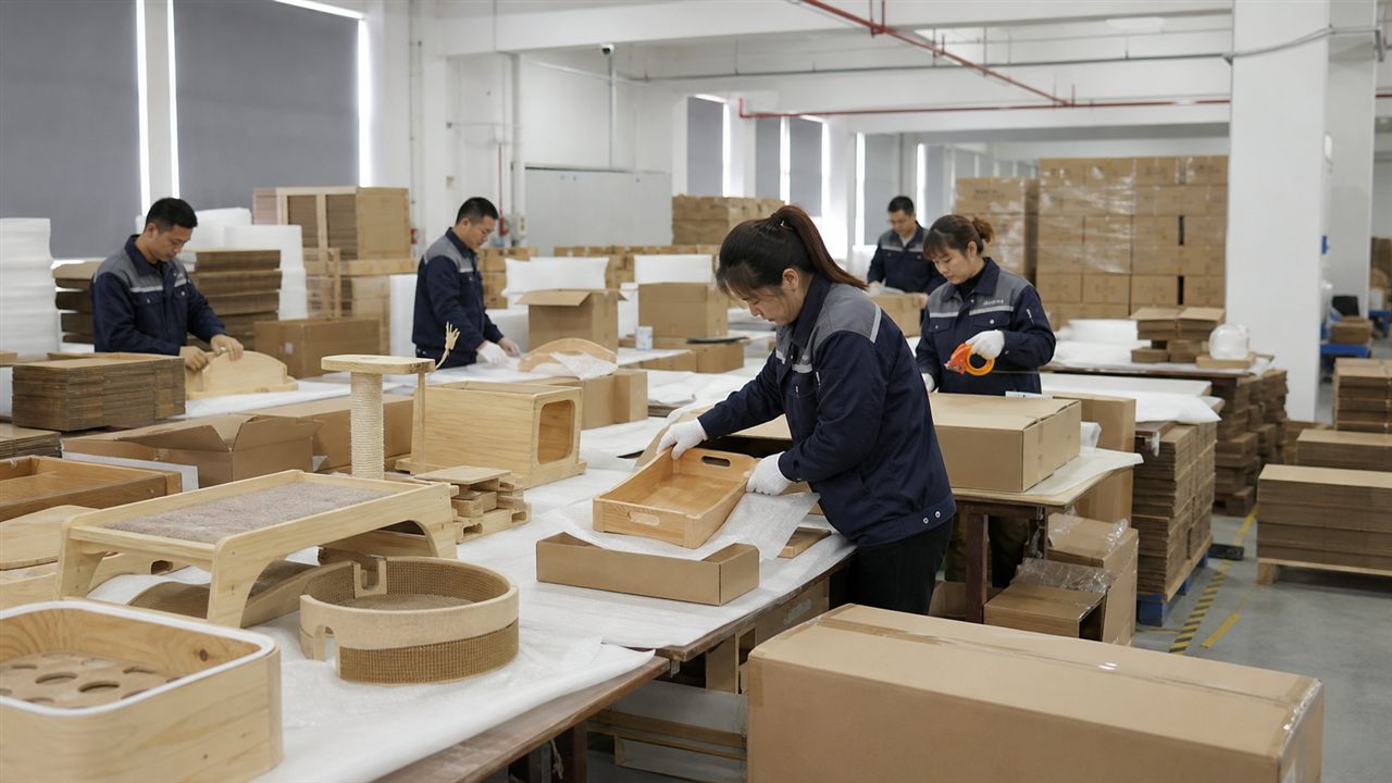Workers checking and packing wooden products