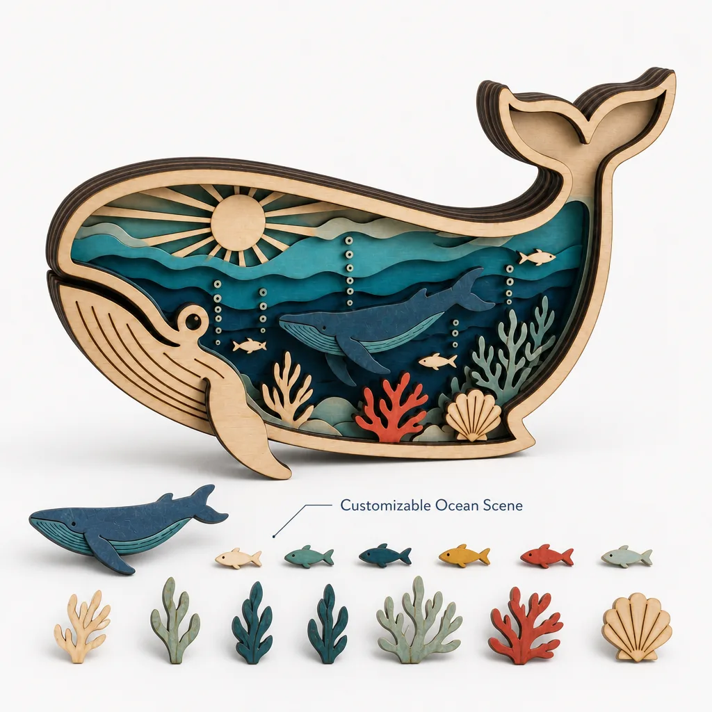 3D Layered Whale Wood Art Shadow Box gallery image 2