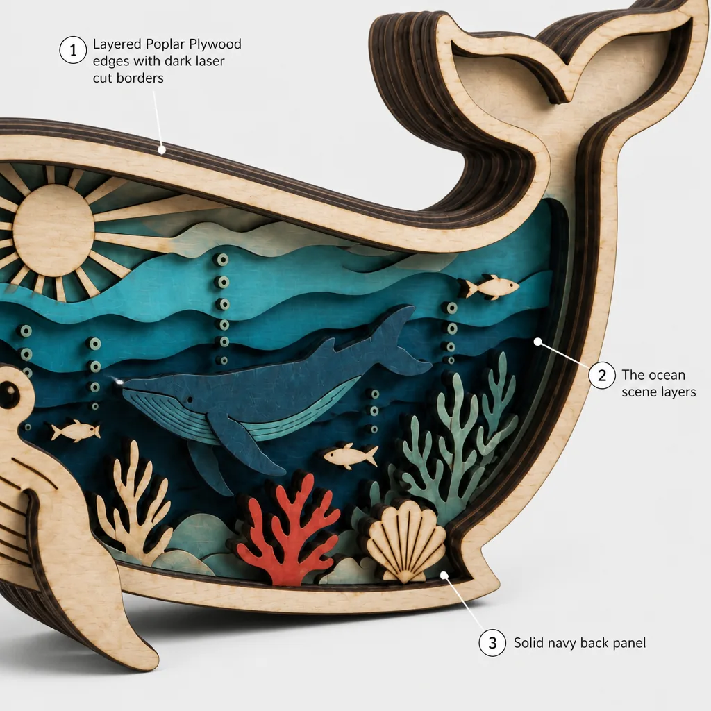 3D Layered Whale Wood Art Shadow Box gallery image 3