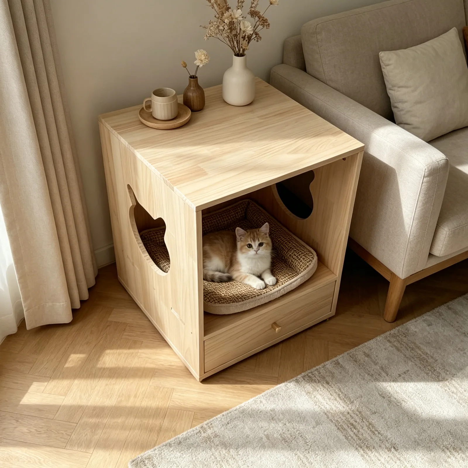 Eco-Friendly Square Wooden Cat House with Storage gallery image 1