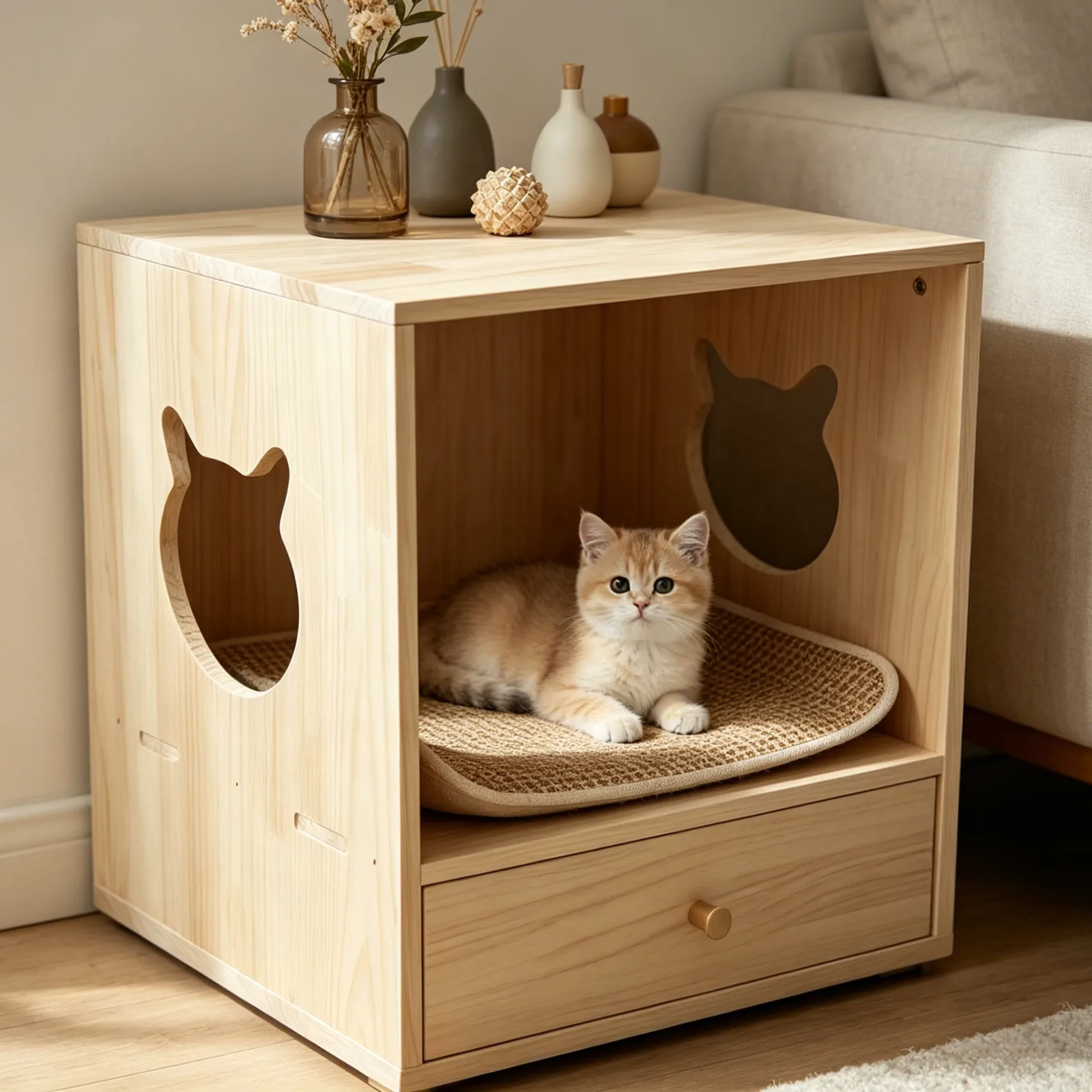 Eco-Friendly Square Wooden Cat House with Storage gallery image 2