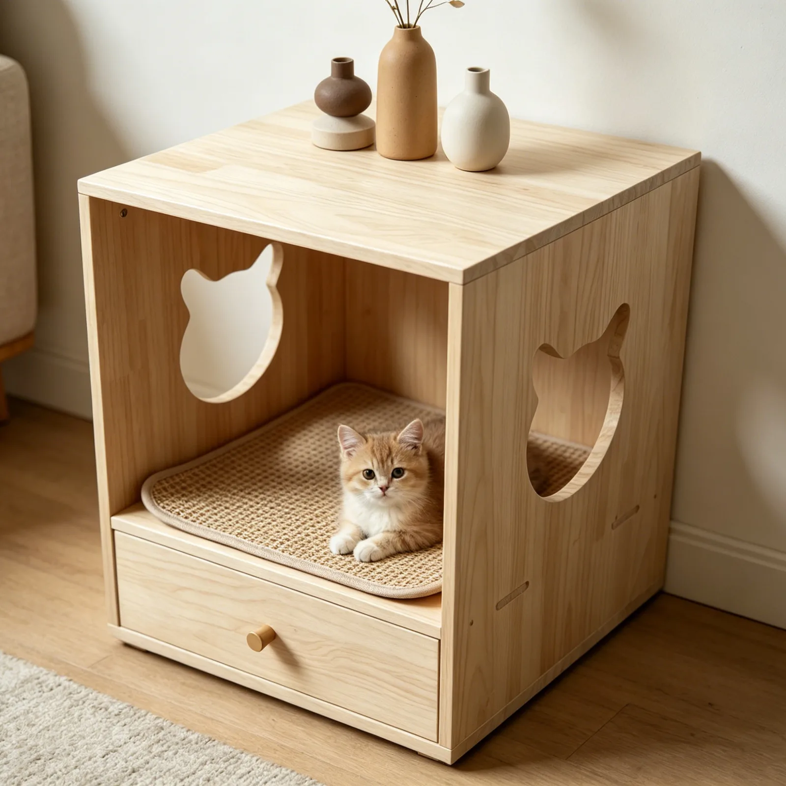 Eco-Friendly Square Wooden Cat House with Storage gallery image 3