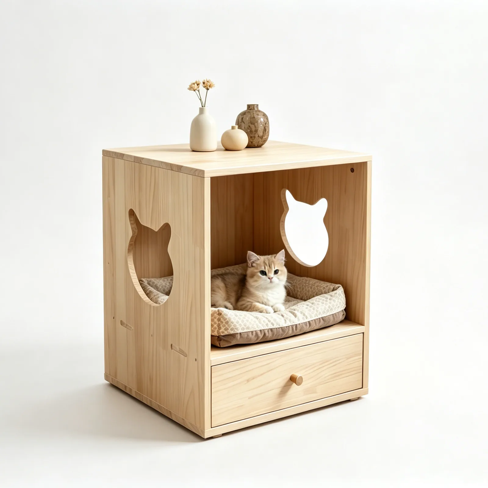 Eco-Friendly Square Wooden Cat House with Storage gallery image 4