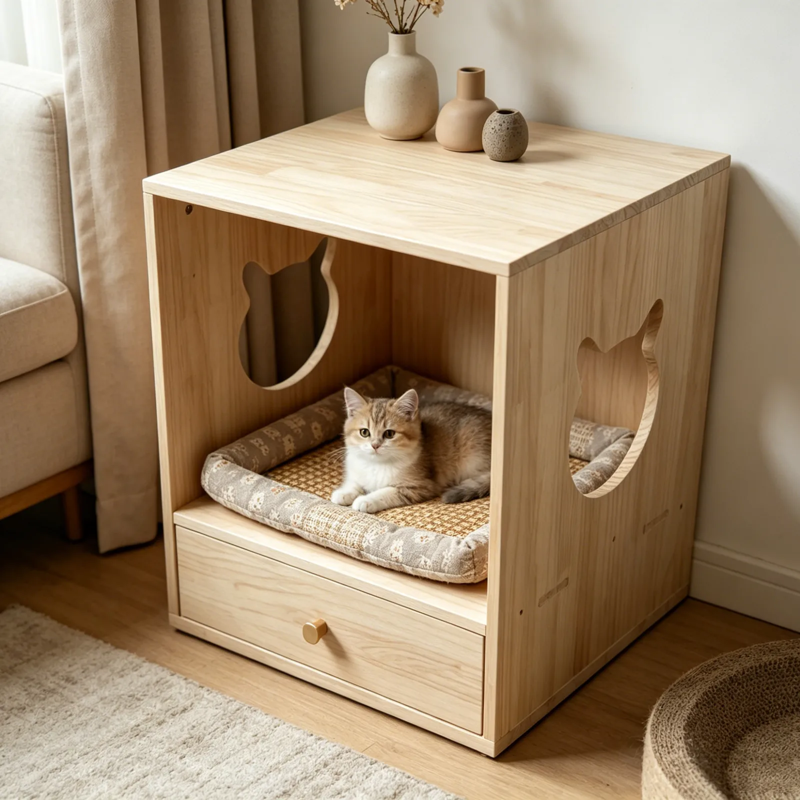 Eco-Friendly Square Wooden Cat House with Storage gallery image 5