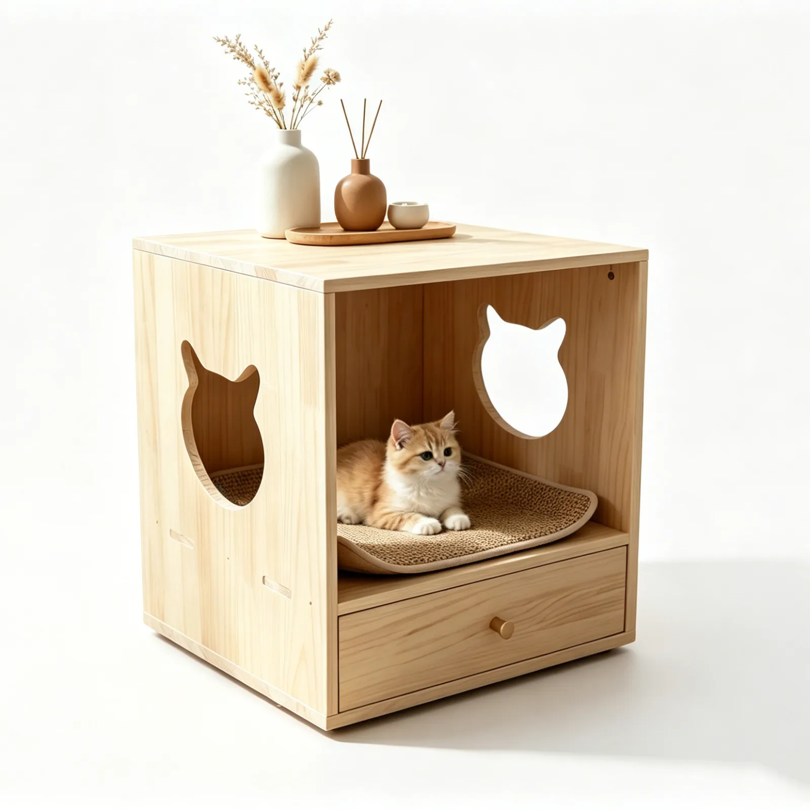 Eco-Friendly Square Wooden Cat House with Storage gallery image 6