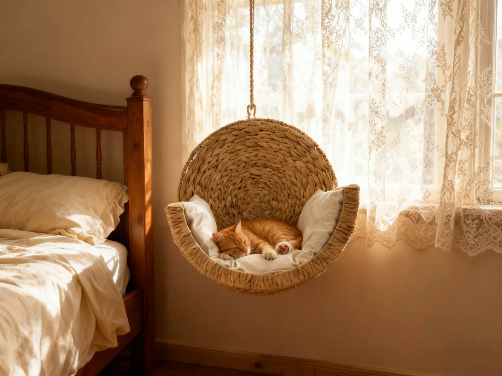 Handwoven Elevated Cat Cave Bed with Washable Cushion gallery image 2