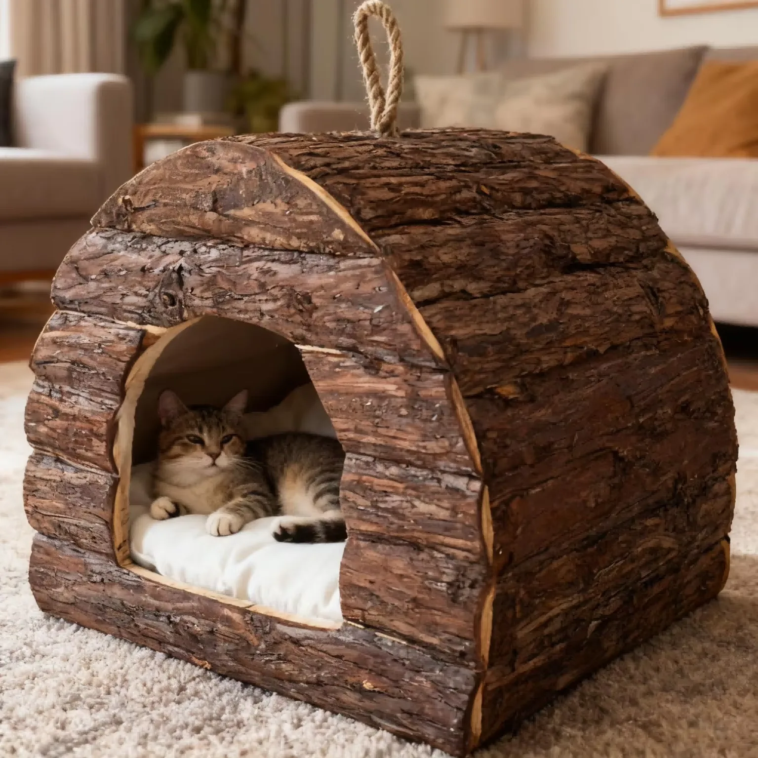 Portable Round Wooden Cat & Dog Bed gallery image 3