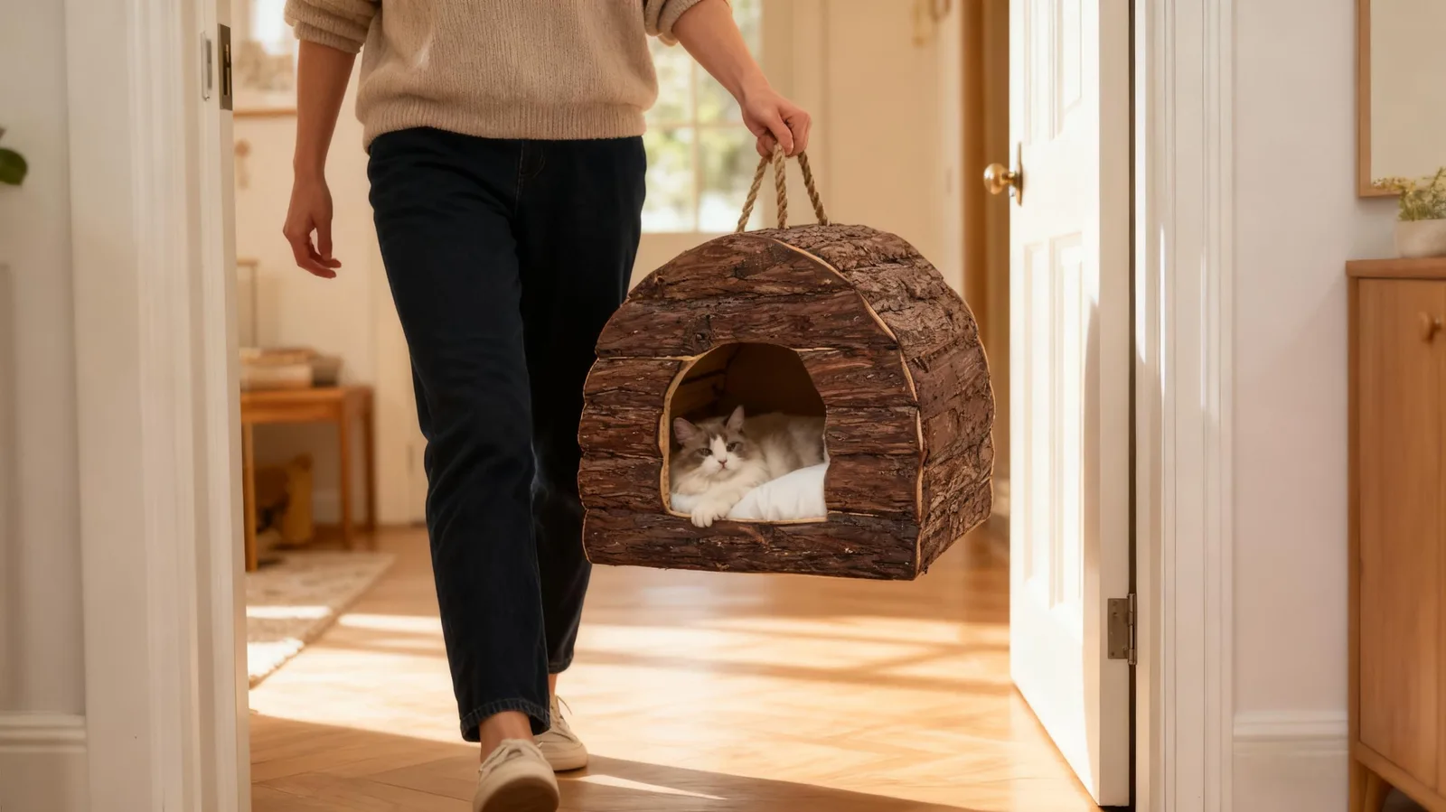 Portable Round Wooden Cat & Dog Bed gallery image 5