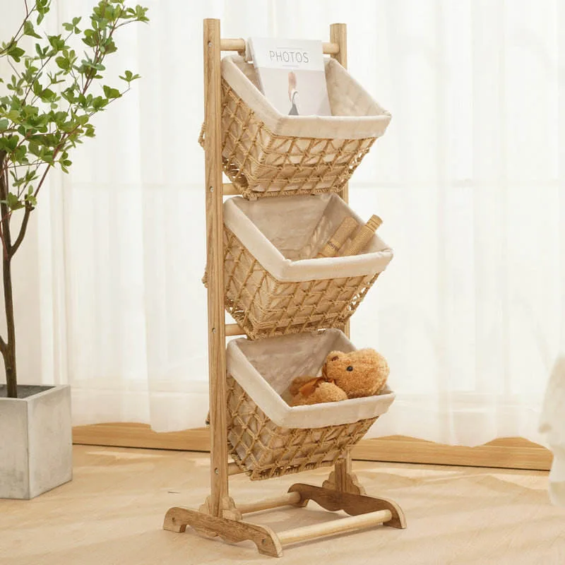 Woven Hanging Storage Basket with Wood Rack gallery image 1