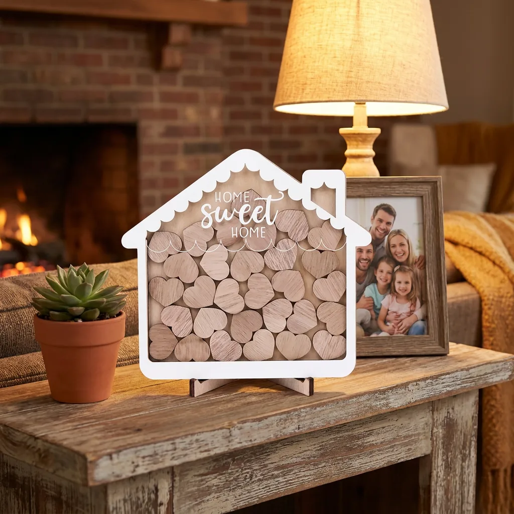 House-shaped wooden keepsake box filled with heart-shaped wooden tokens