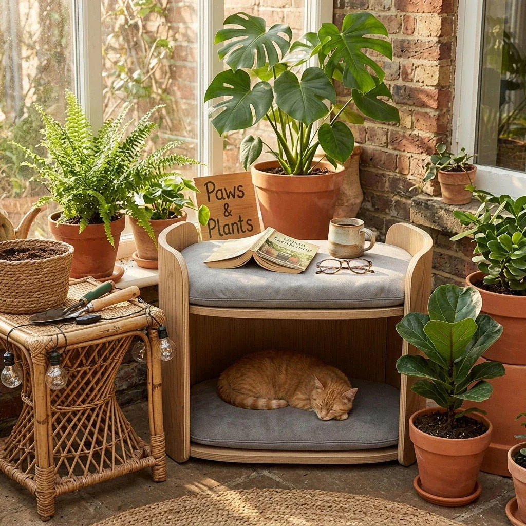 Two-tier wooden cat sofa with cushions and a cat in a home interior