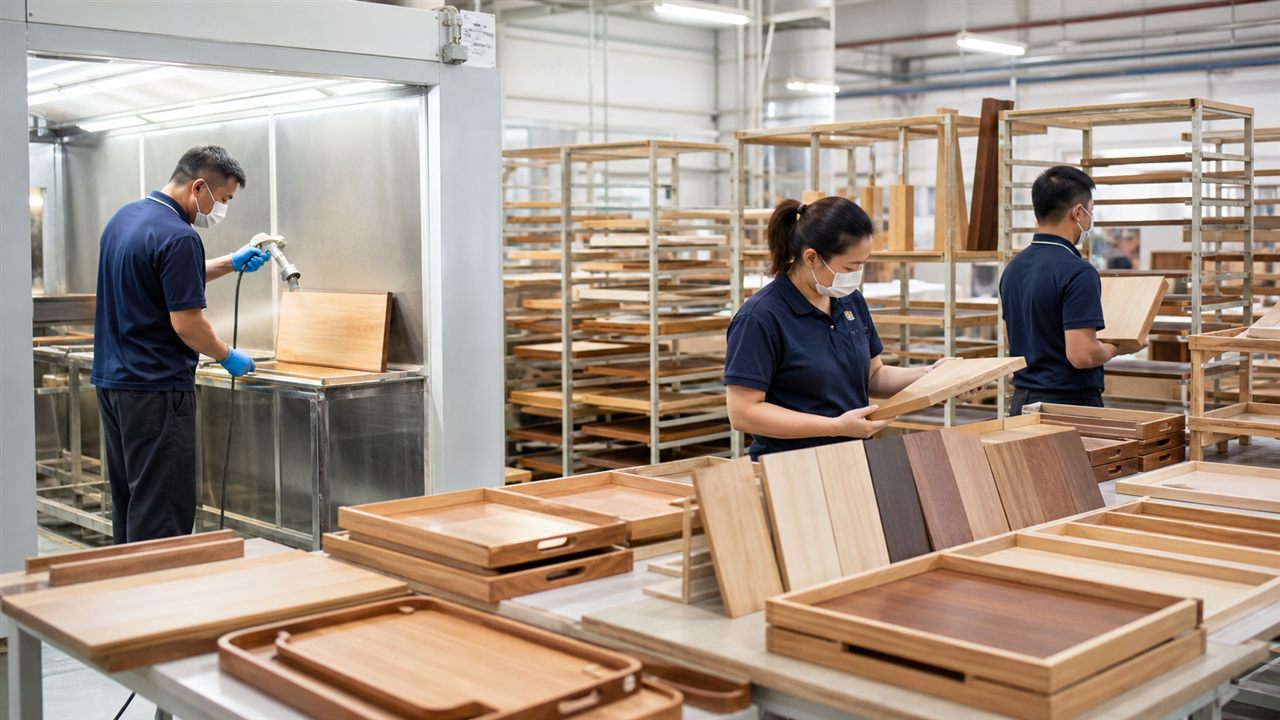 Wood Finish and Component Inspection Workers applying finish and checking wooden panels and trays in a production area