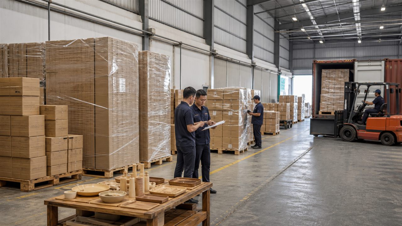 Export Cartons and Warehouse Inspection Palletized export cartons and wooden products checked in a warehouse before loading