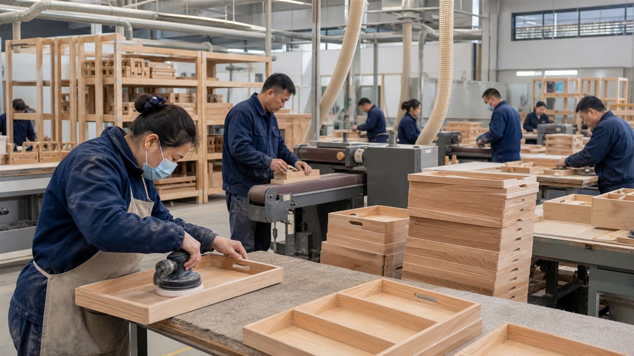 Wood Product Sanding Process Factory workers sanding wooden trays and components during production