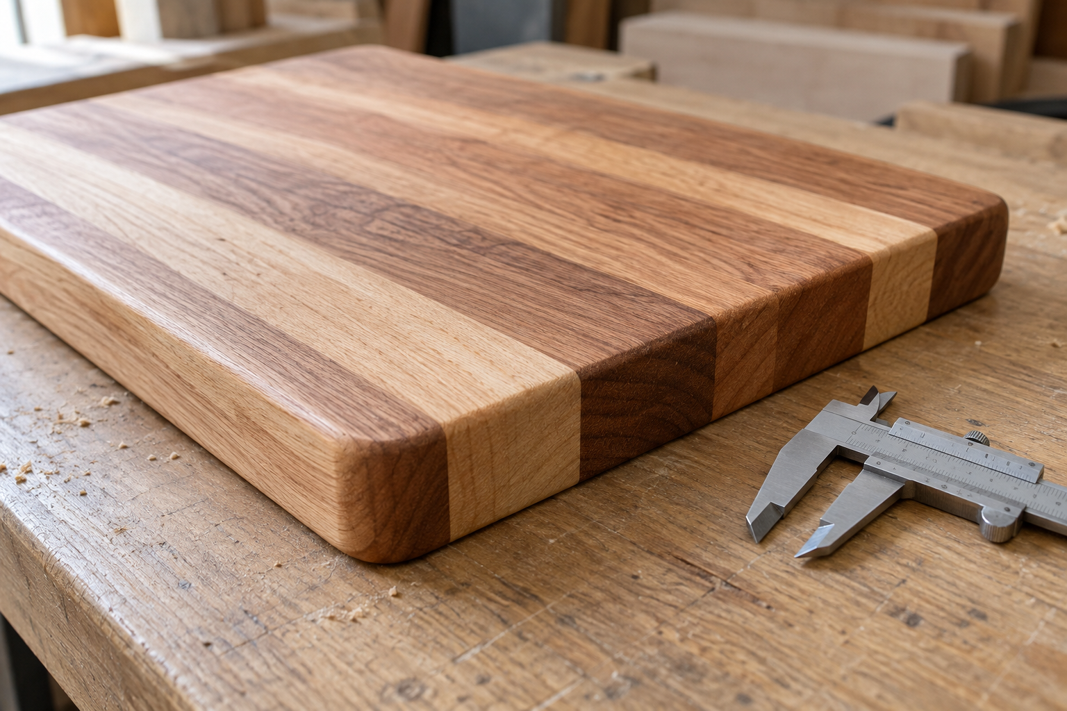 Hardwood cutting board with rounded edges on a workshop bench beside an unbranded metal caliper