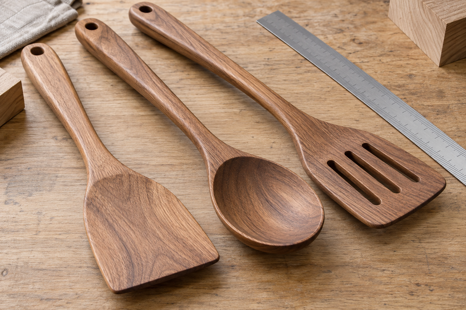 Three hardwood kitchen utensils on a wooden inspection table beside an unbranded metal ruler