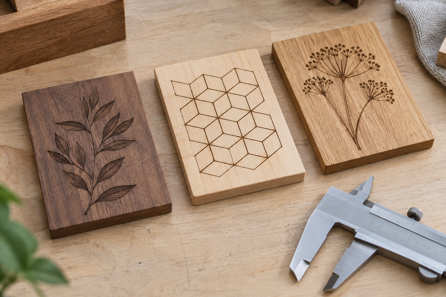 Three hardwood sample plaques with geometric and botanical laser engraved patterns beside an unbranded metal caliper