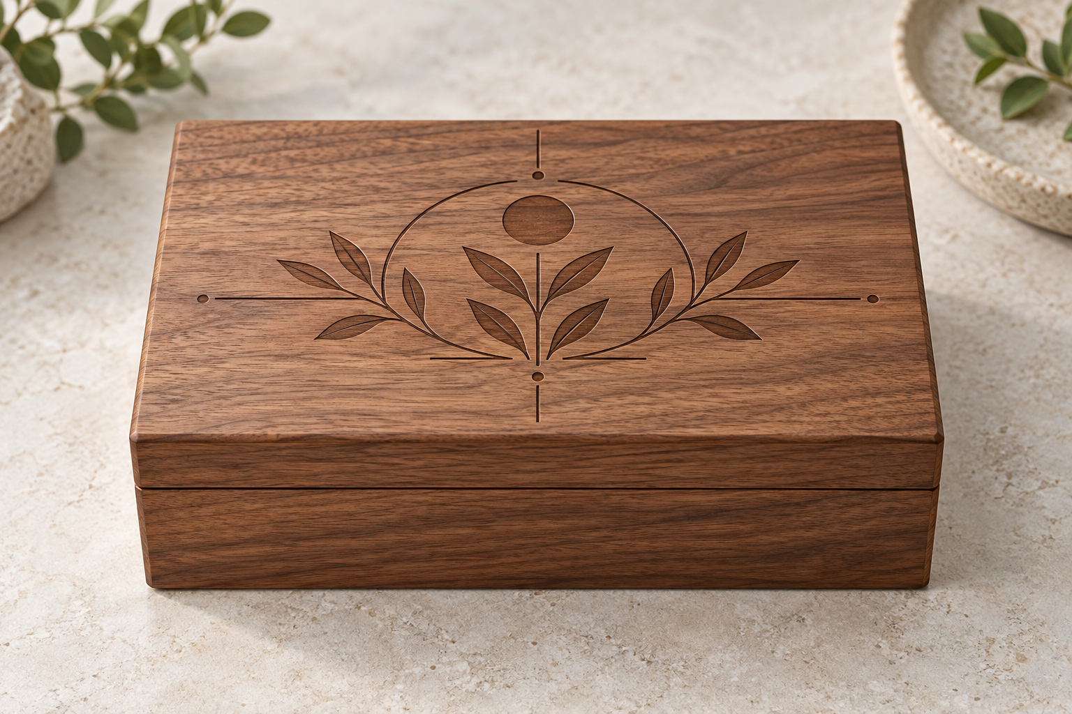 Hardwood keepsake box with a shallow geometric botanical laser engraved pattern on the lid