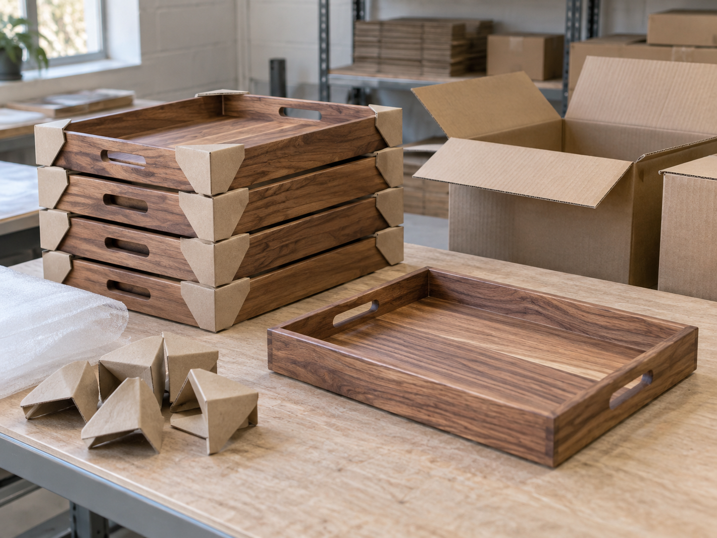 Matching hardwood trays with kraft corner protectors and plain export cartons on a packing bench