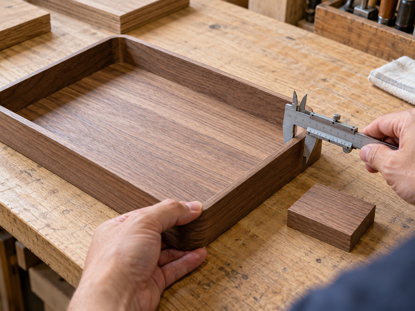 Hardwood tray sample measured with a metal caliper on a wooden workbench