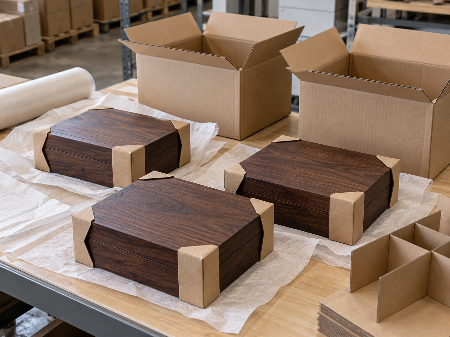 Three dark hardwood gift boxes protected with kraft corner protectors beside blank corrugated export cartons