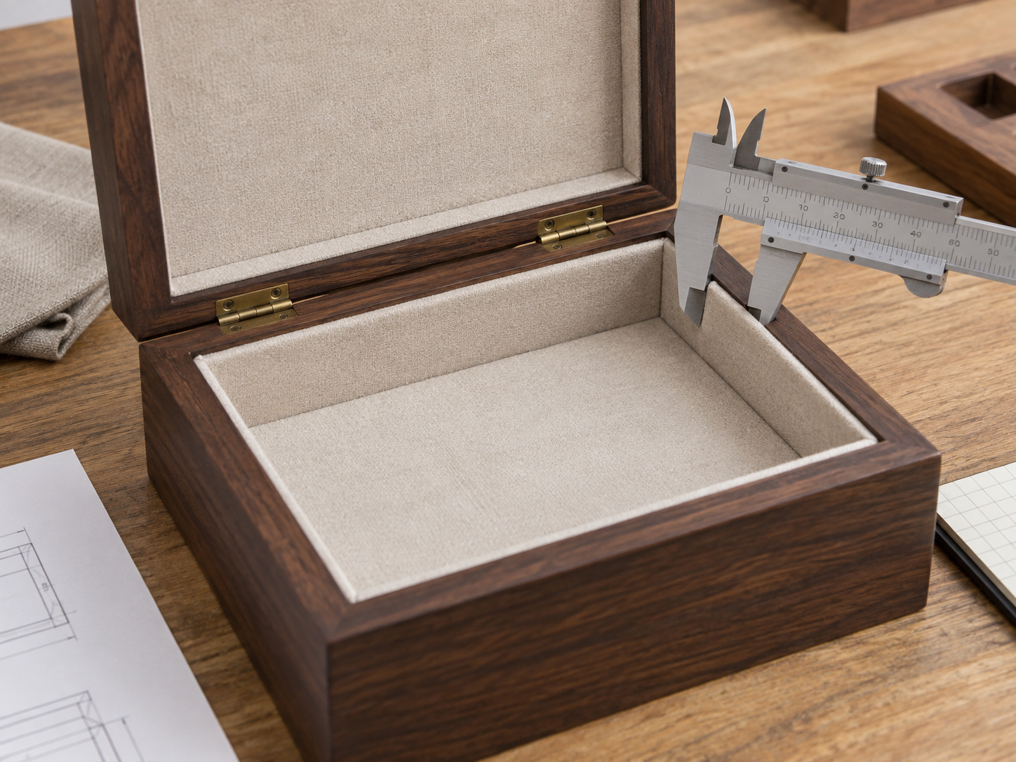Open hardwood gift box with a fitted beige fabric insert and a metal caliper checking internal clearance