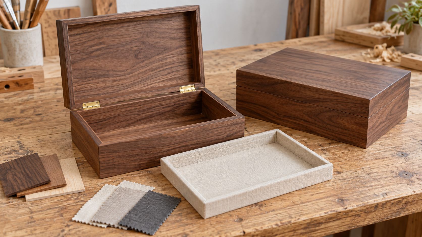 Open and closed dark hardwood gift boxes with a beige fabric insert and material swatches on a wooden worktable
