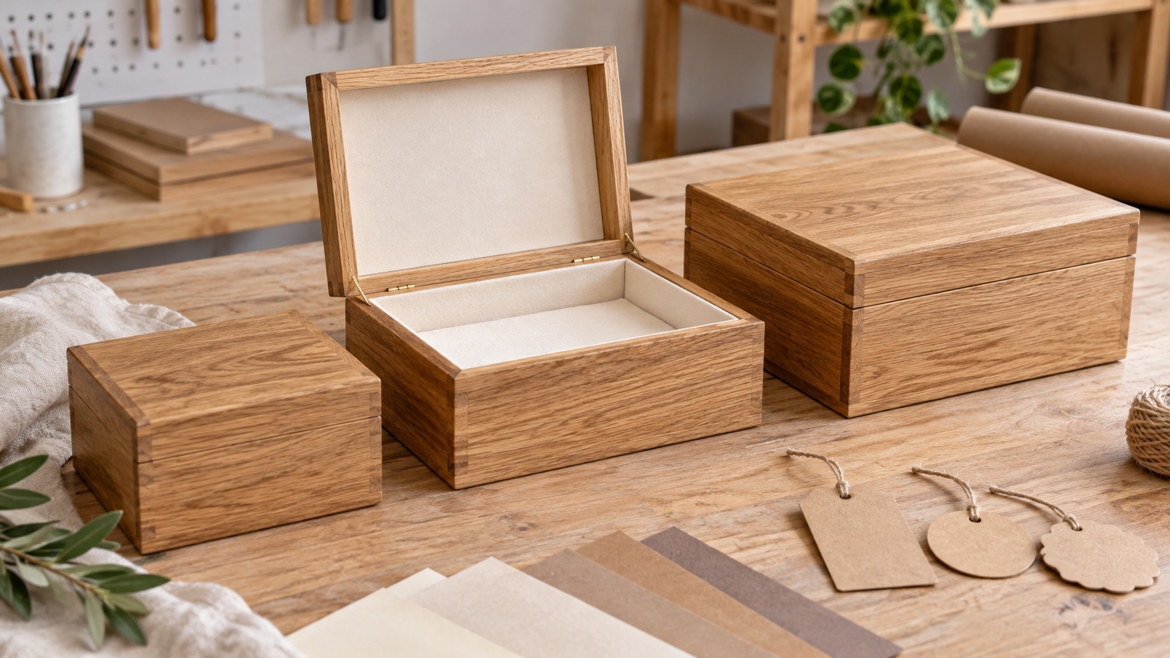 Three coordinated oak wooden gift boxes with one open cream-lined box, plain tag shapes and packaging swatches on a worktable
