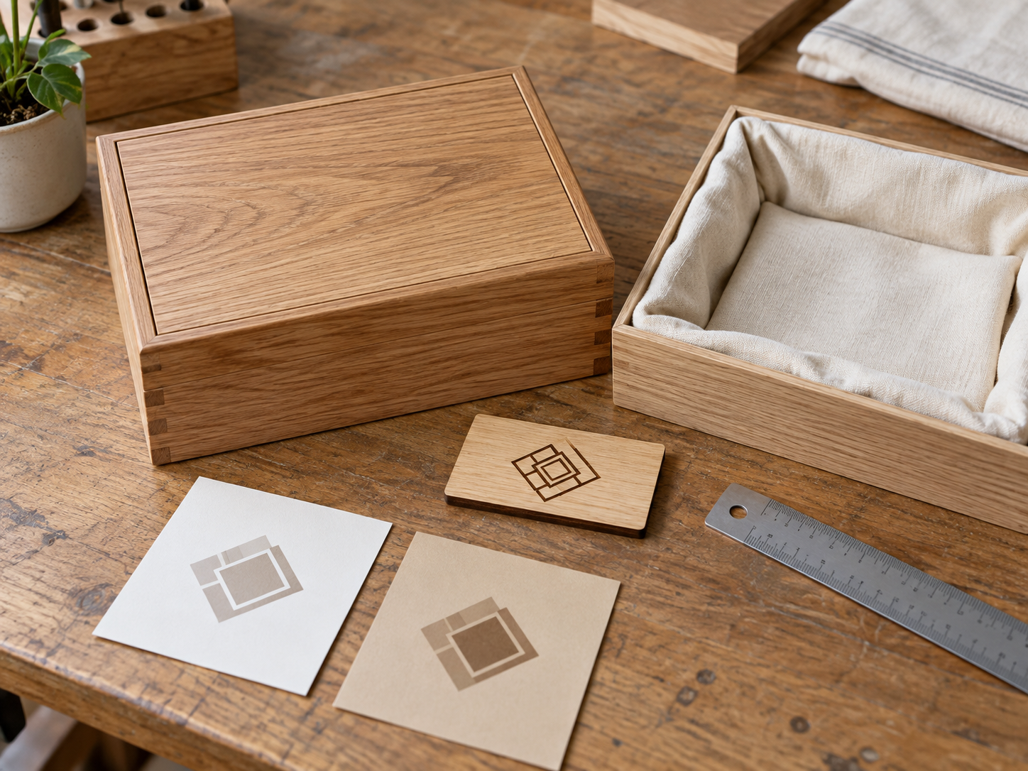 Closed oak gift box, cream-lined insert, geometric wooden sample plaque, plain artwork cards and metal ruler on a workbench