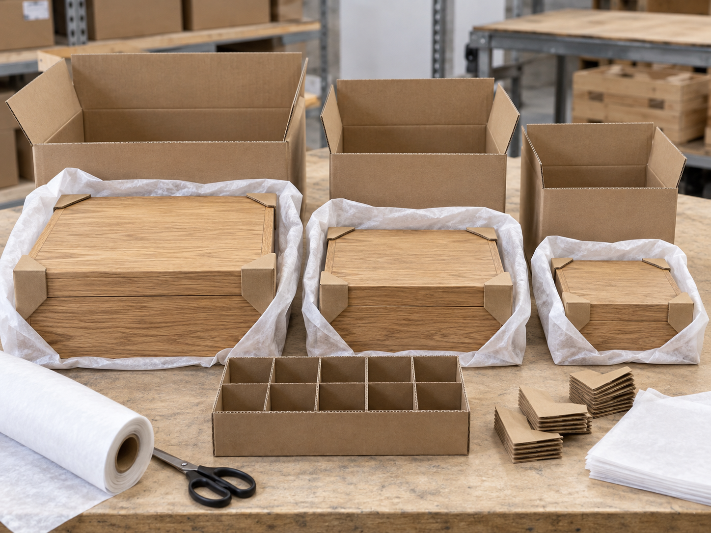 Three oak wooden gift boxes in different sizes with tissue, kraft corner protectors, divider grid and blank corrugated cartons