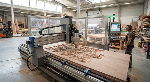 CNC router carving a decorative pattern into a large wooden panel in a workshop